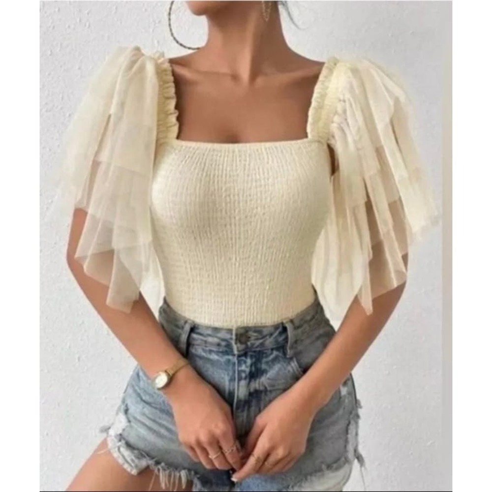 Free People Cream Puff-Sleeve Square Neck Bodysuit - Cream
